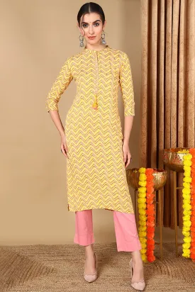 Yellow Cotton Chevron Printed Straight Kurta