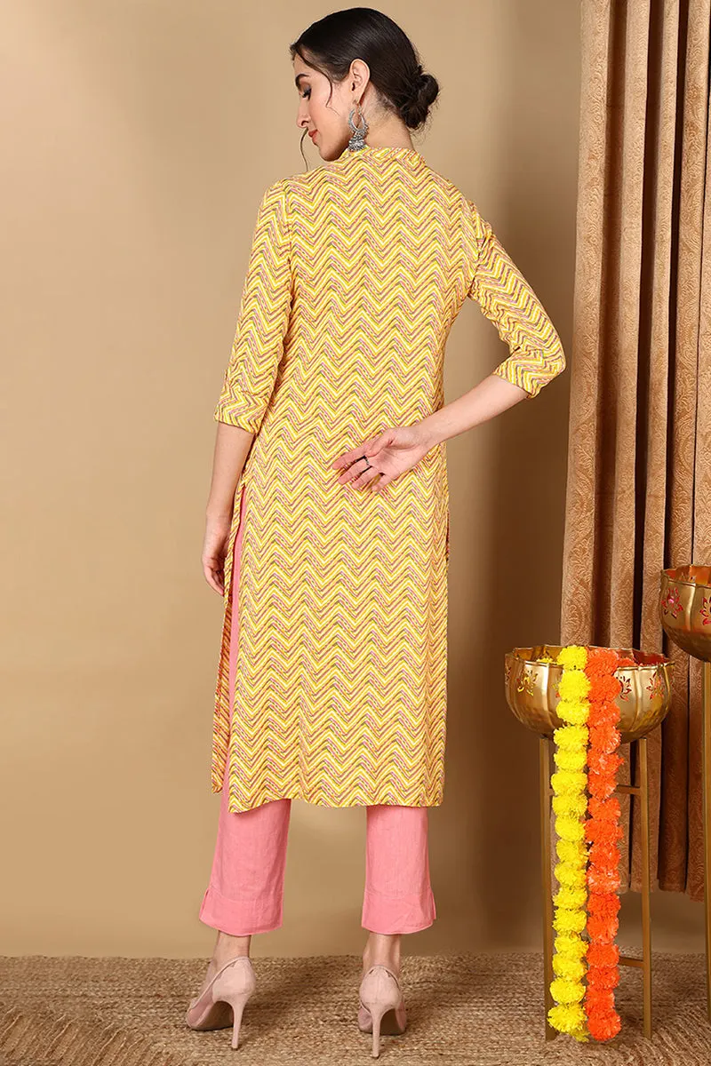 Yellow Cotton Chevron Printed Straight Kurta